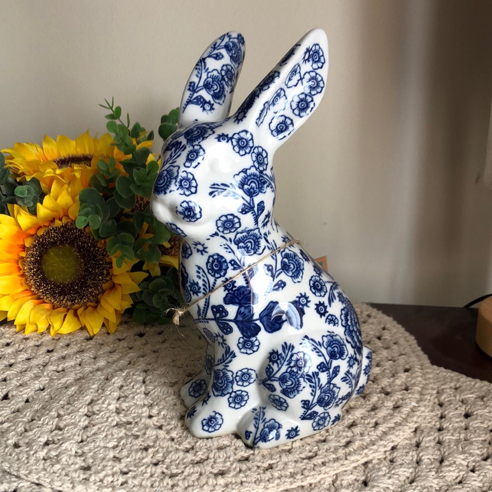 Blue and White Floral Ceramic Bunny Figurine - Home Art Accent